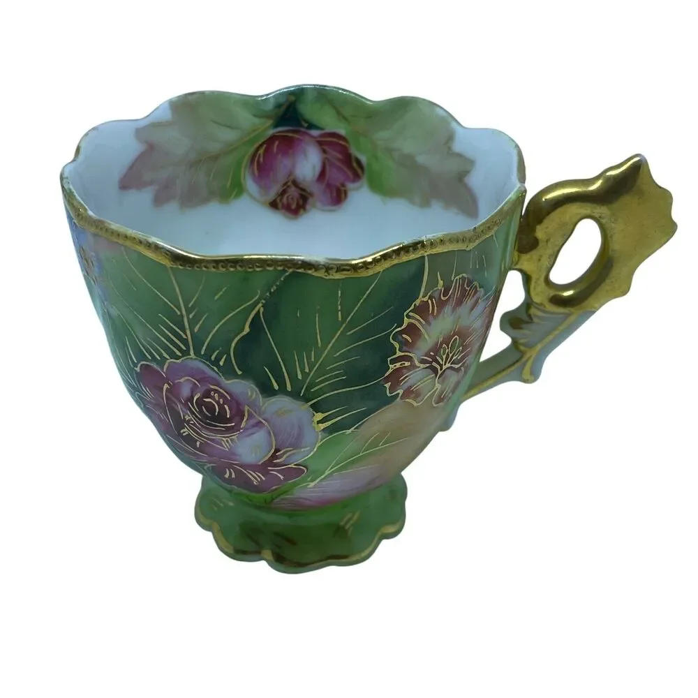 Vtg Chubu China Tea Cup Occupied Japan Gold Trim Footed Rose Floral‎ Demitasse